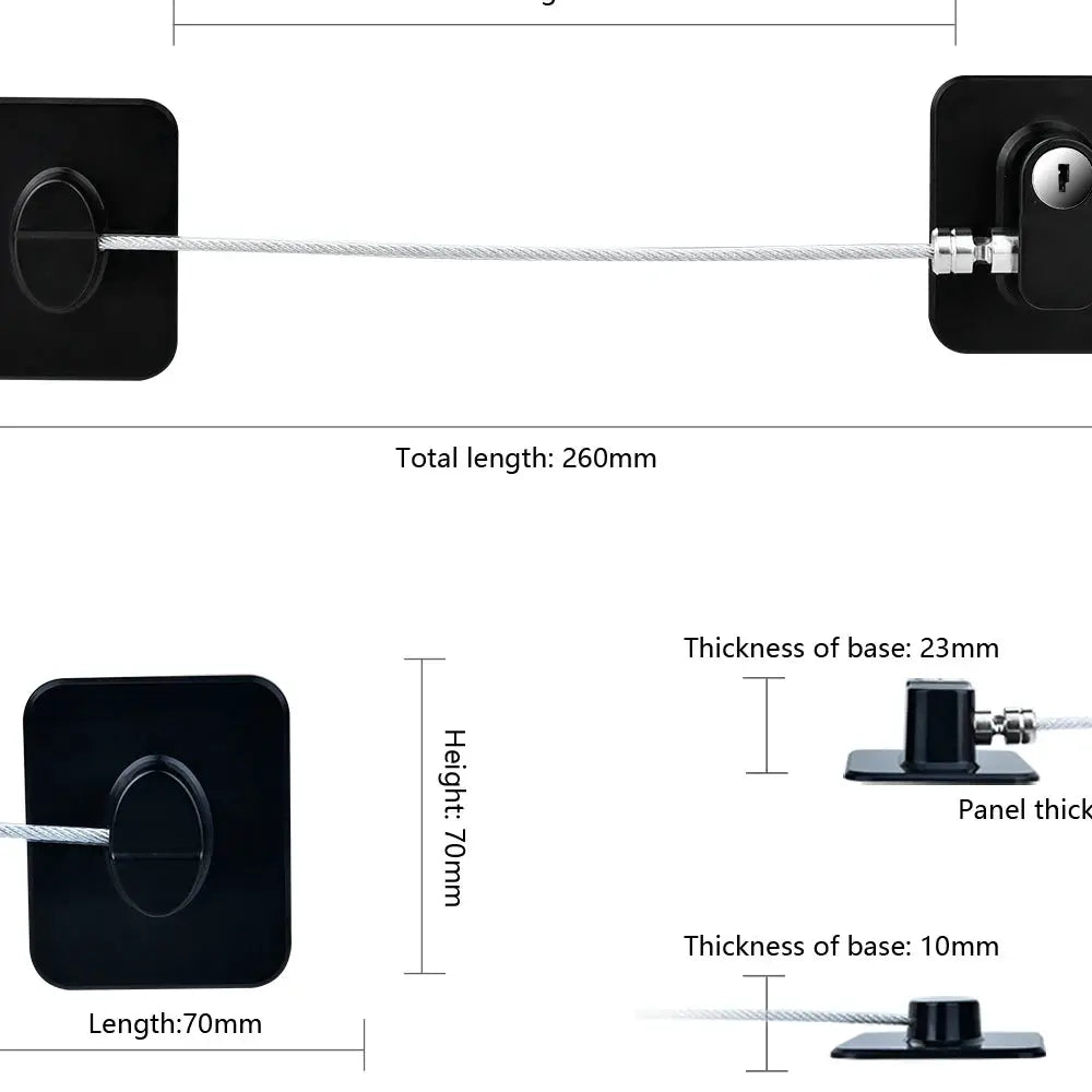 Baby safety lock cable with black mounting plates and stainless steel wire for windows and refrigerators by Simples Market
