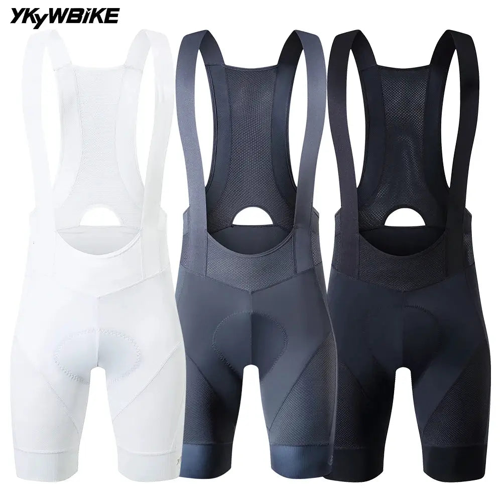 YKYWBIKE men's cycling bib shorts with sponge padding; white, gray, and black 4-pack.