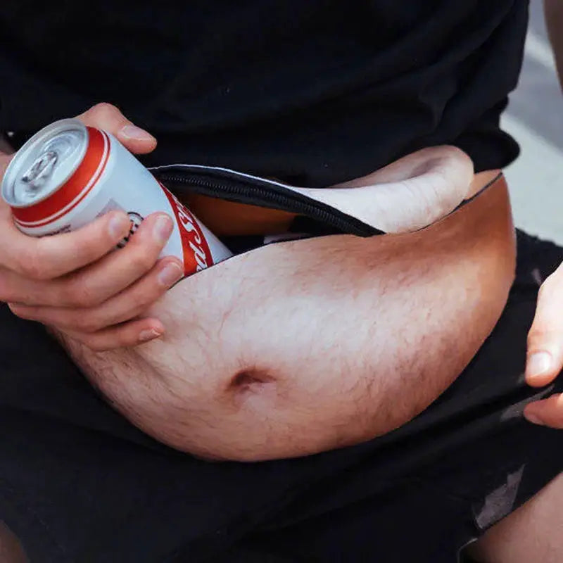 Fanny pack by Simples Market in flesh color worn at the waist with a beer can inside the open pouch