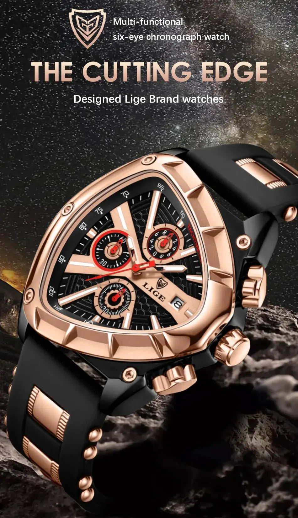 LIGE luxury men's chronograph watch with rose-gold case, black strap, big dial, waterproof, with box