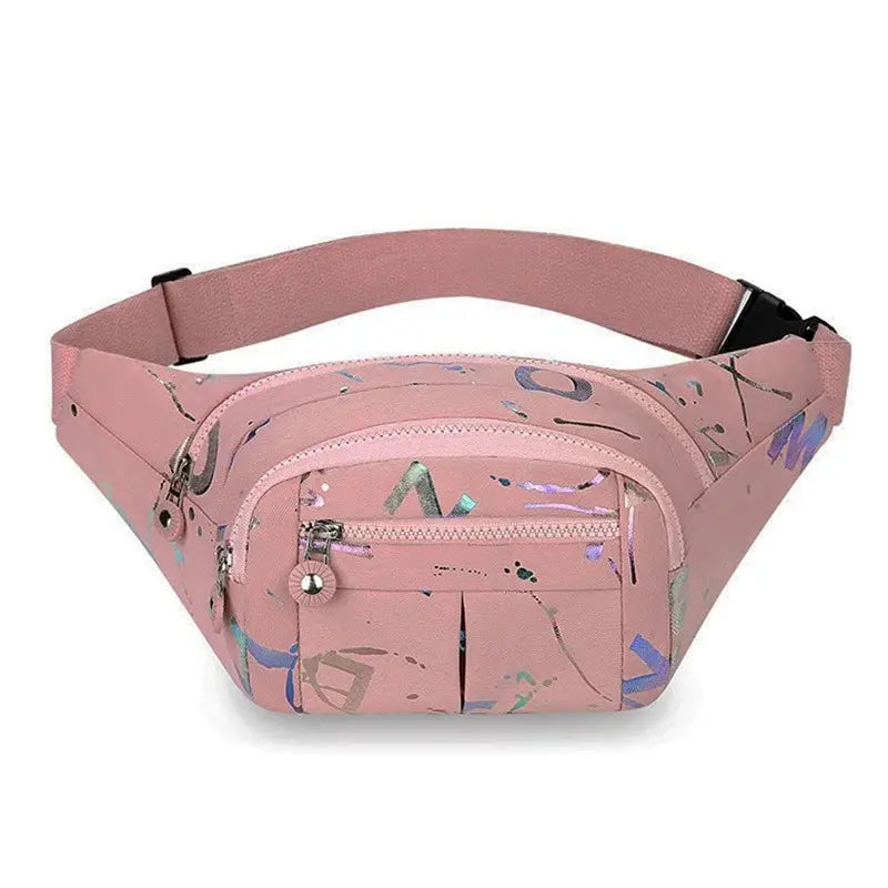 Pink Oxford cloth waterproof waist bag with front zip pocket and adjustable belt strap