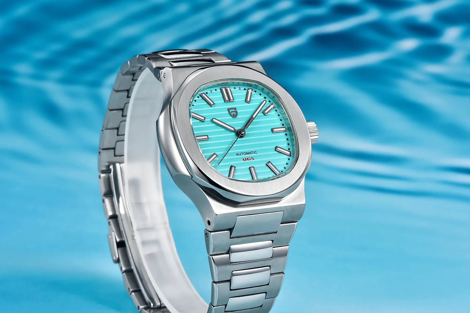 Pagani Design 40mm men's automatic watch with stainless steel case and turquoise dial, sapphire glass