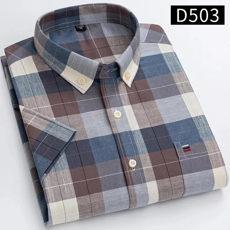Simples Market men's 100% cotton oxford plaid shirt with button-down collar in blue/brown/beige check
