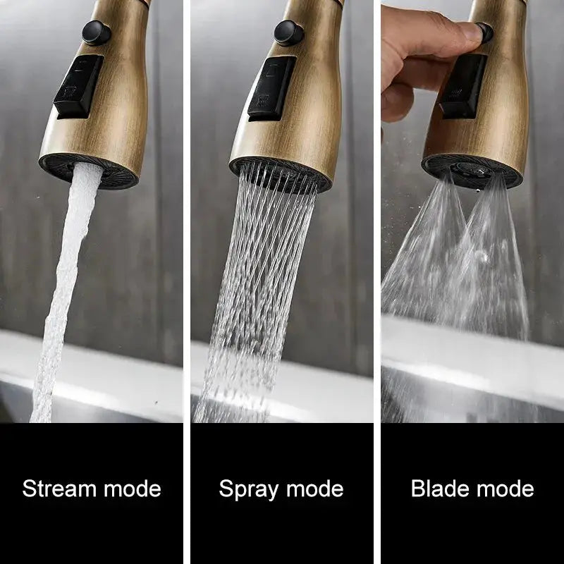 Kitchen faucet pull-out antique-bronze with sprayer, hot/cold, three modes: stream, spray, blade