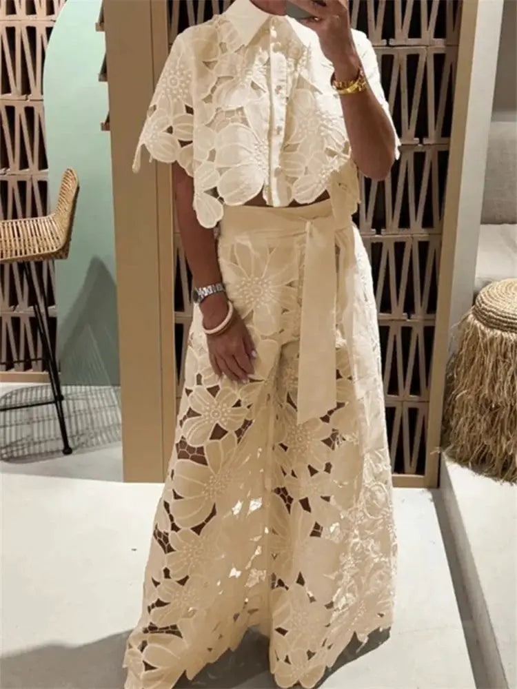 Women Hollow Out Two Piece Wide Leg Pants Set Lace Casual Style