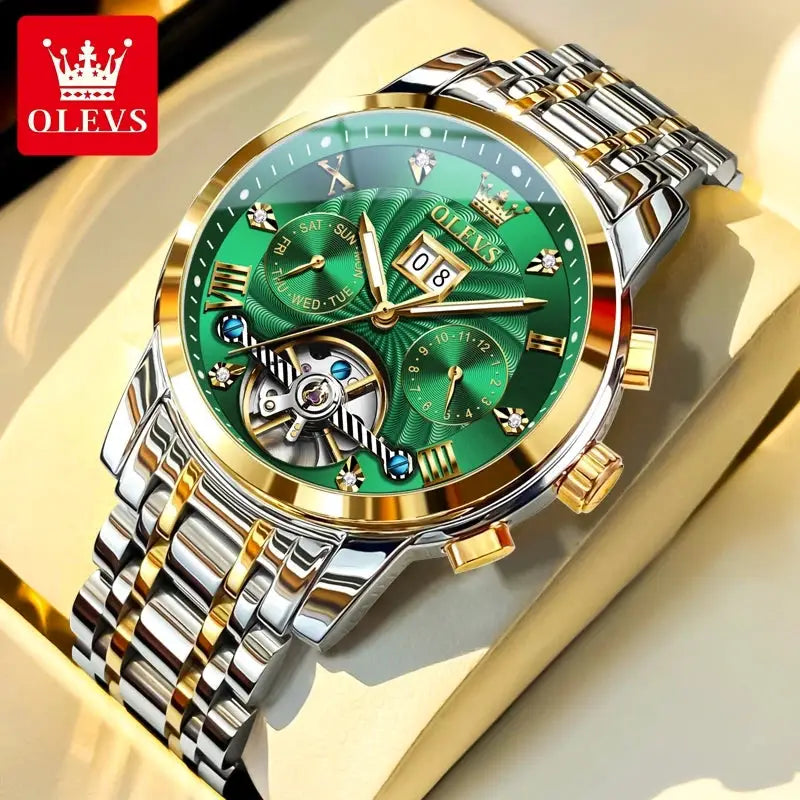 OLEVS 9910 Mens Watch Waterproof Luminous Automatic Mechanical Dual Calendar Date Stainless Steel Band