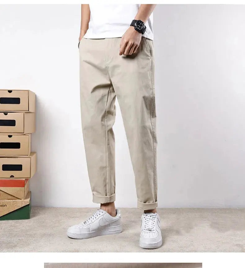 HIQOR men's cotton casual pants, beige, loose fit with elastic waist