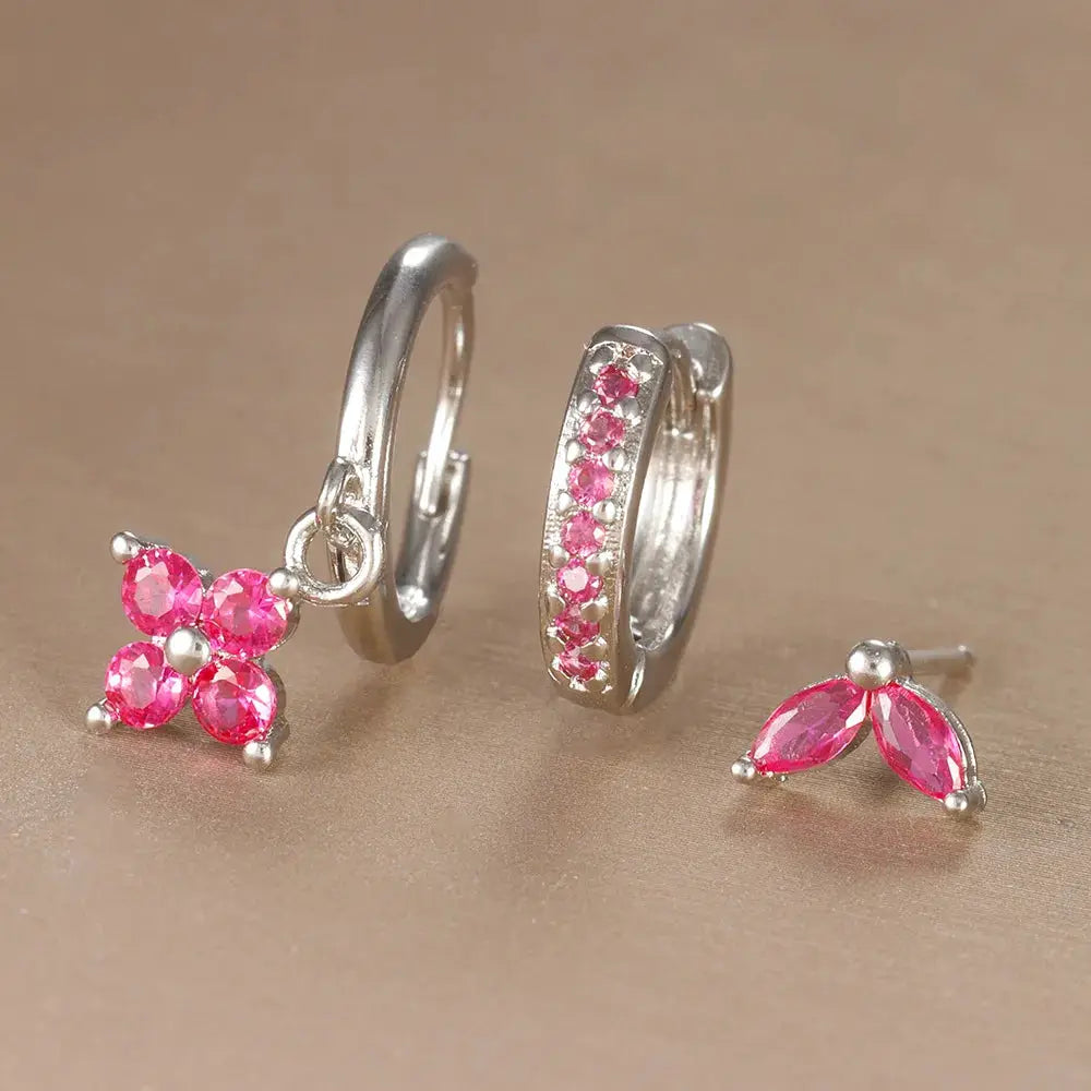 3Pcs Trendy Stainless Steel Flower Drop Earrings Set For Women Crystal Zirconia Dangle Hypoallergenic Piercing Jewelry