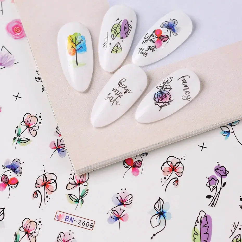 Nail art stickers, 12 pcs by Simples Market, ink flowers with blooming leaves water decals