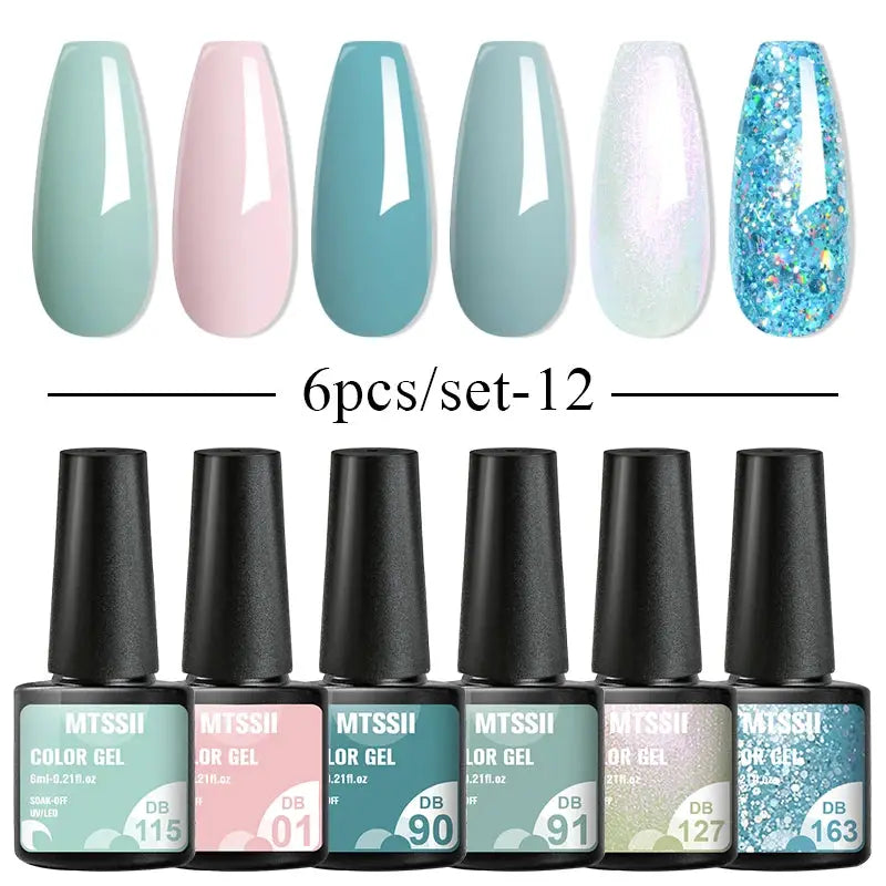 Gel nail polish set, 6-pack MTSSII bottles in pastel colors with glitter finishes (Simples Market)