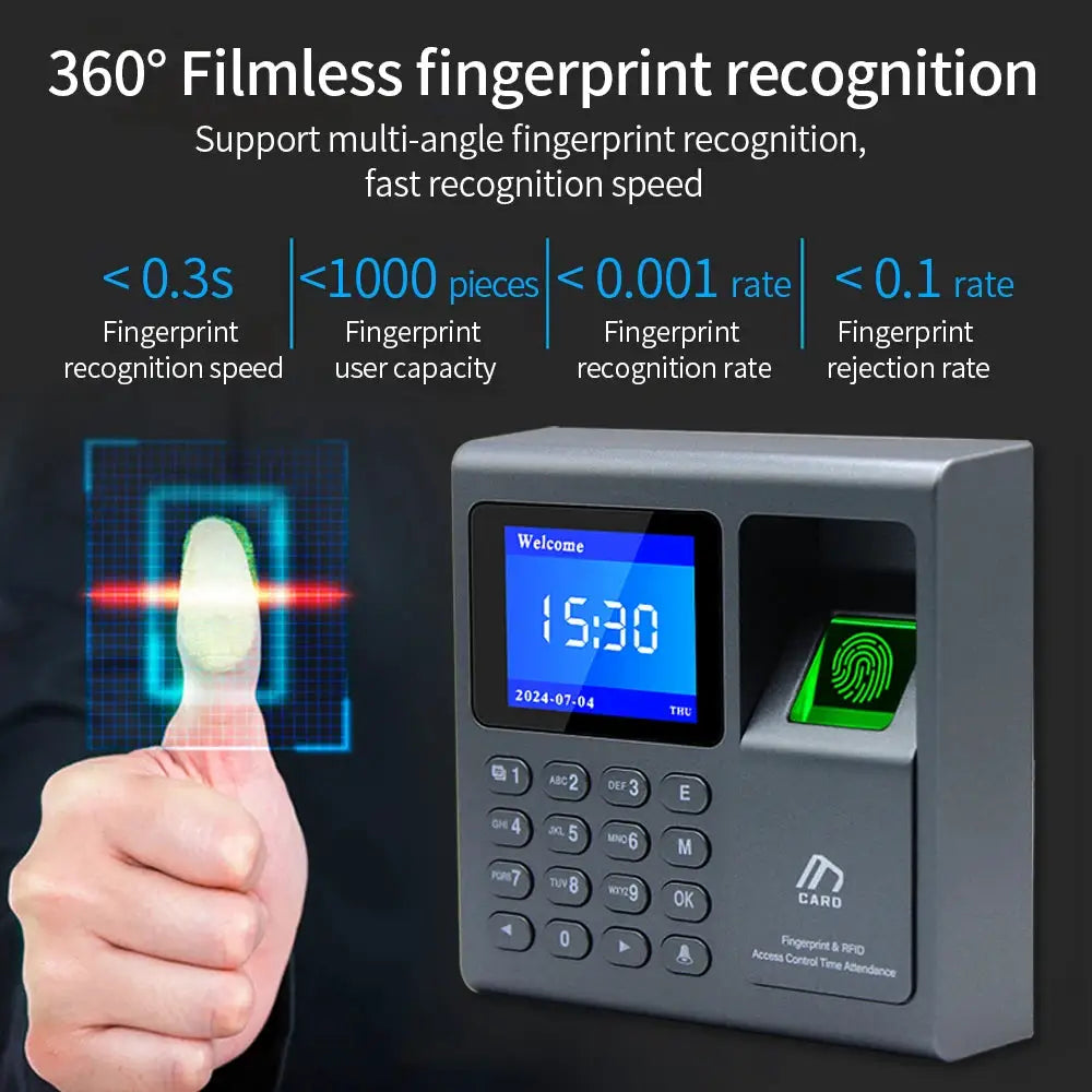 Biometric fingerprint scanner RFID access control system in gray with blue display and green fingerprint pad, 1000 users