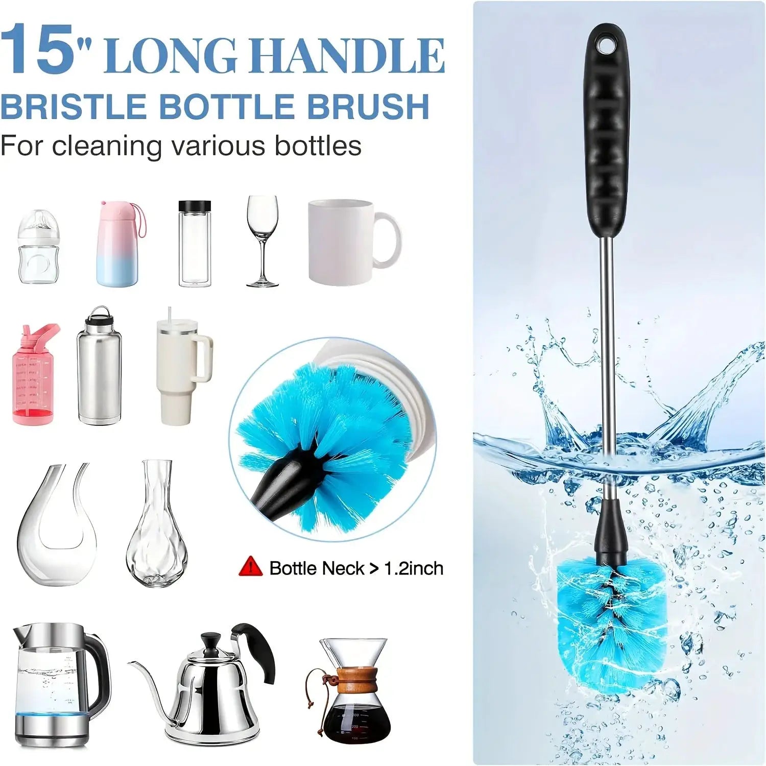 3-in-1 stainless steel water bottle brush set with long black handle and blue bristle head