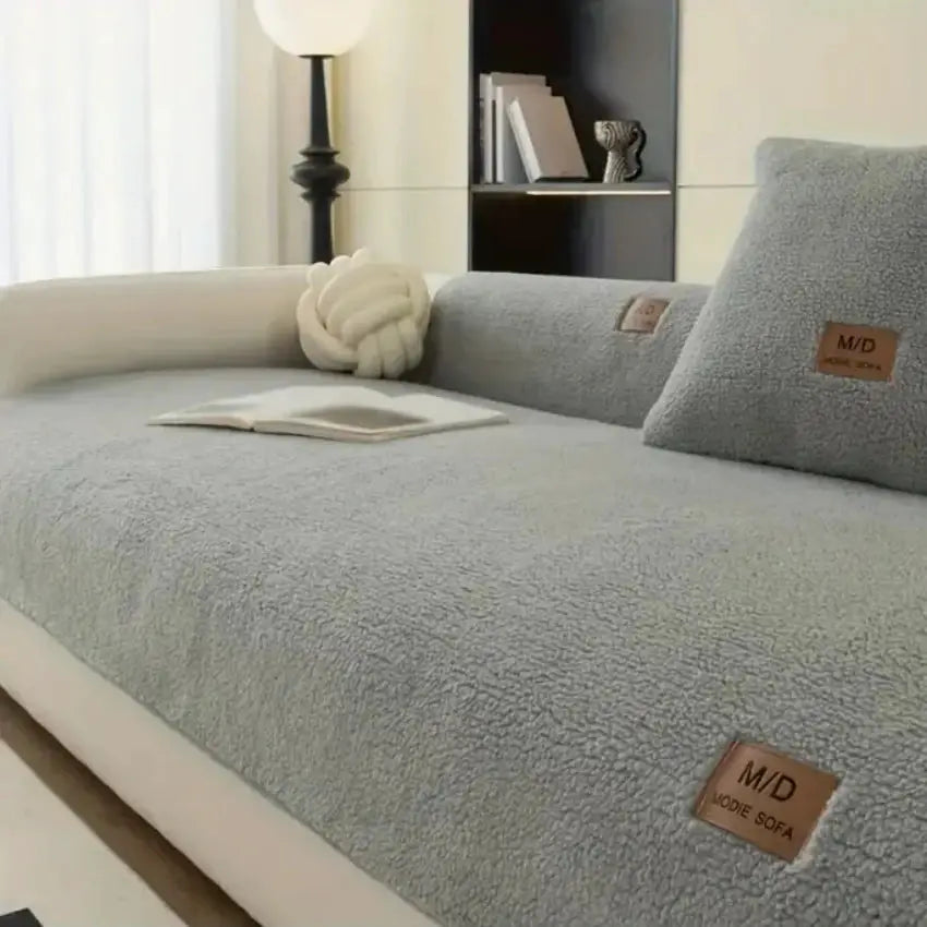 Solid gray sherpa anti-slip sofa cover with PU label decor for living room couch, universal fit