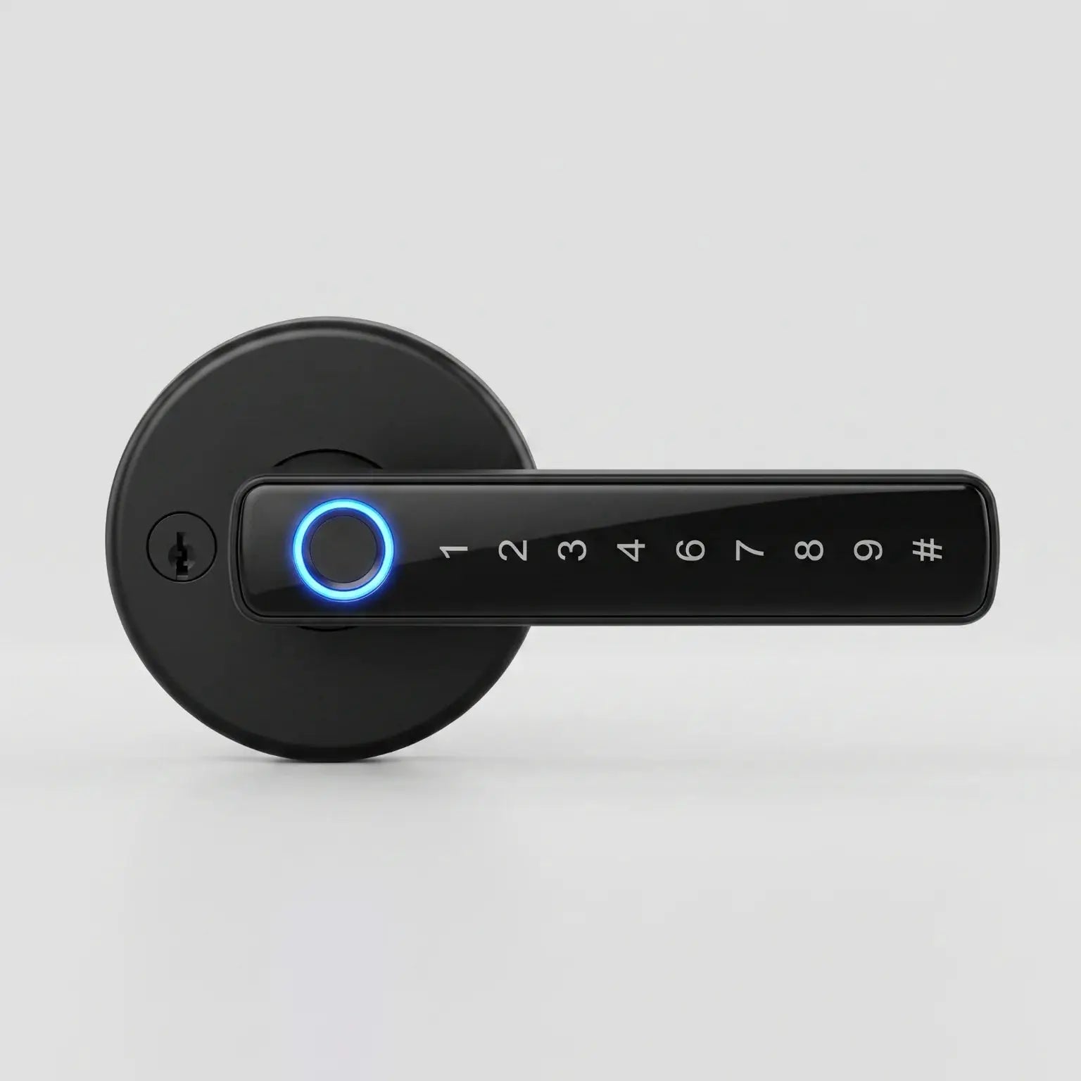 Smart door lock lever with numeric keypad and blue LED ring, black finish, round mounting plate.