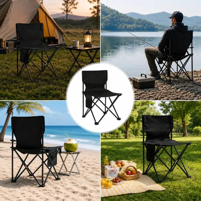 Portable folding camping chair by Simples Market; black Oxford cloth seat with side pocket; collage of five chairs.
