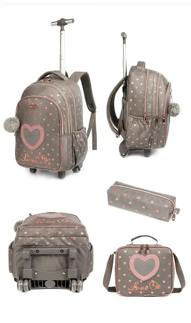 Children's wheeled backpack set in gray with pink hearts, by Simples Market, includes lunch box and pencil case