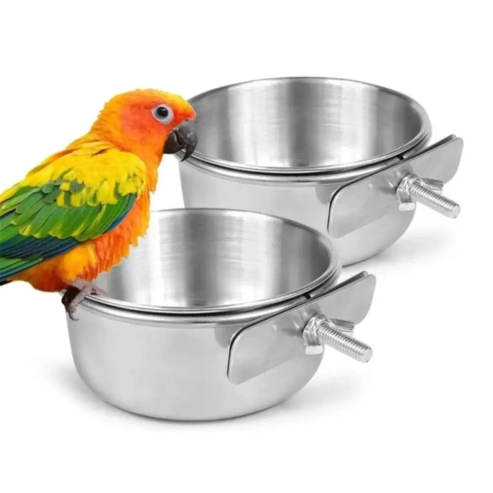 Stainless Steel Clamp On Parrot Rabbit Hamster Pet Bowl Water Feeder Cage Cup Hanging Dish