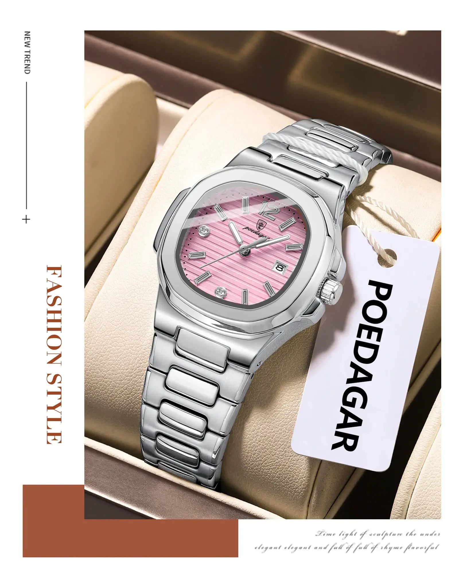 POEDAGAR square women's wristwatch with pink dial, date window, stainless steel bracelet