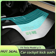 Simples Market cockpit kick pads for Tesla Model Y/3, Highland White leather 2-piece mats with turquoise grid design