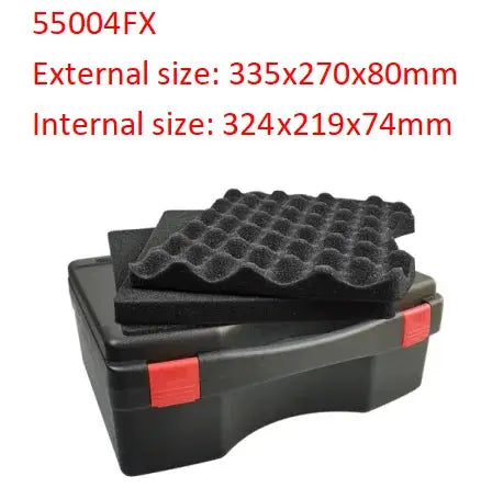 Multifunctional hardware tool box by Simples Market, black plastic case with foam insert and red latches