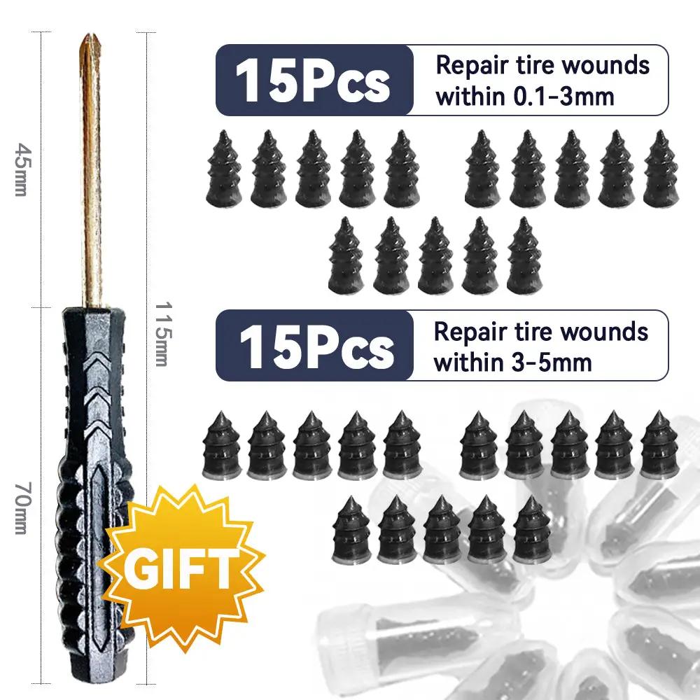 Car tire repair kit with rubber plugs and screwdriver; includes two 15-piece plug sets and a gift item