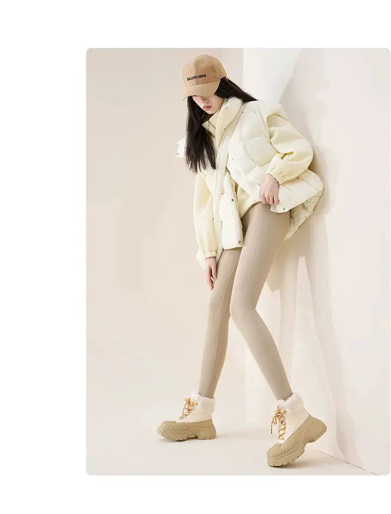 BIVIGAOS beige high-waist fleece sharkskin leggings, seamless slim-fit; Balenciaga cap