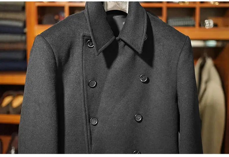Men's double-breasted wool overcoat in dark gray, long warm winter coat from Simples Market