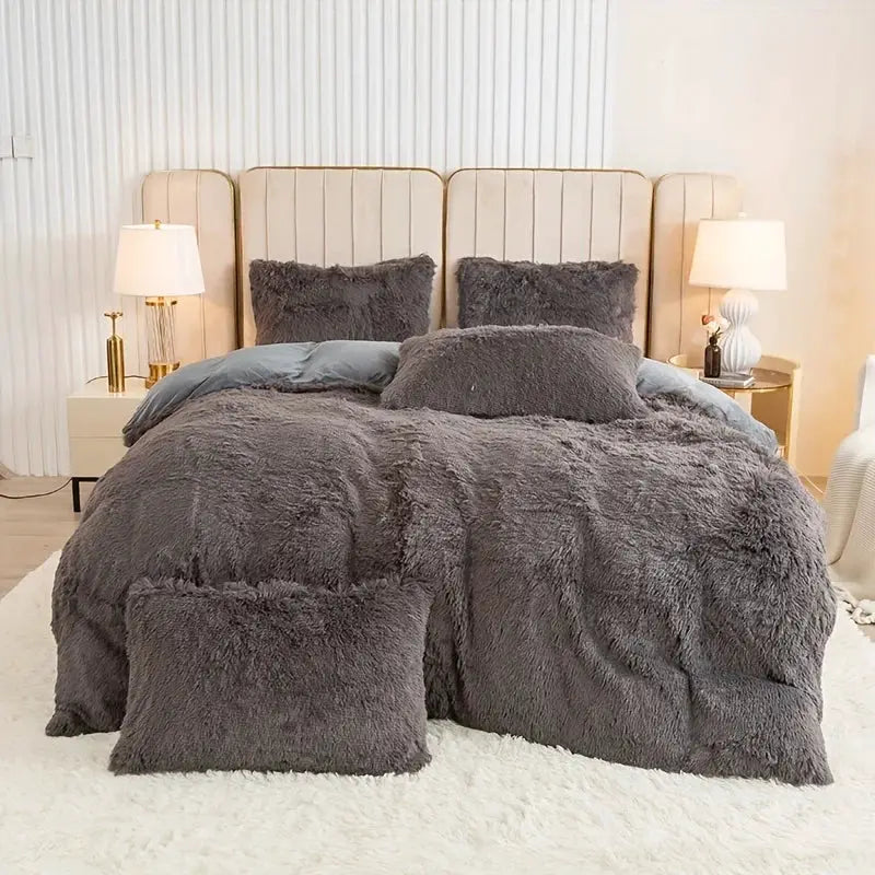 3-Piece Plush Duvet Cover Set by Simples Market in charcoal gray with fluffy texture.