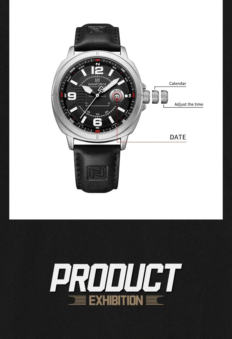 NAVIFORCE men's quartz watch with black dial, silver case and black PU strap