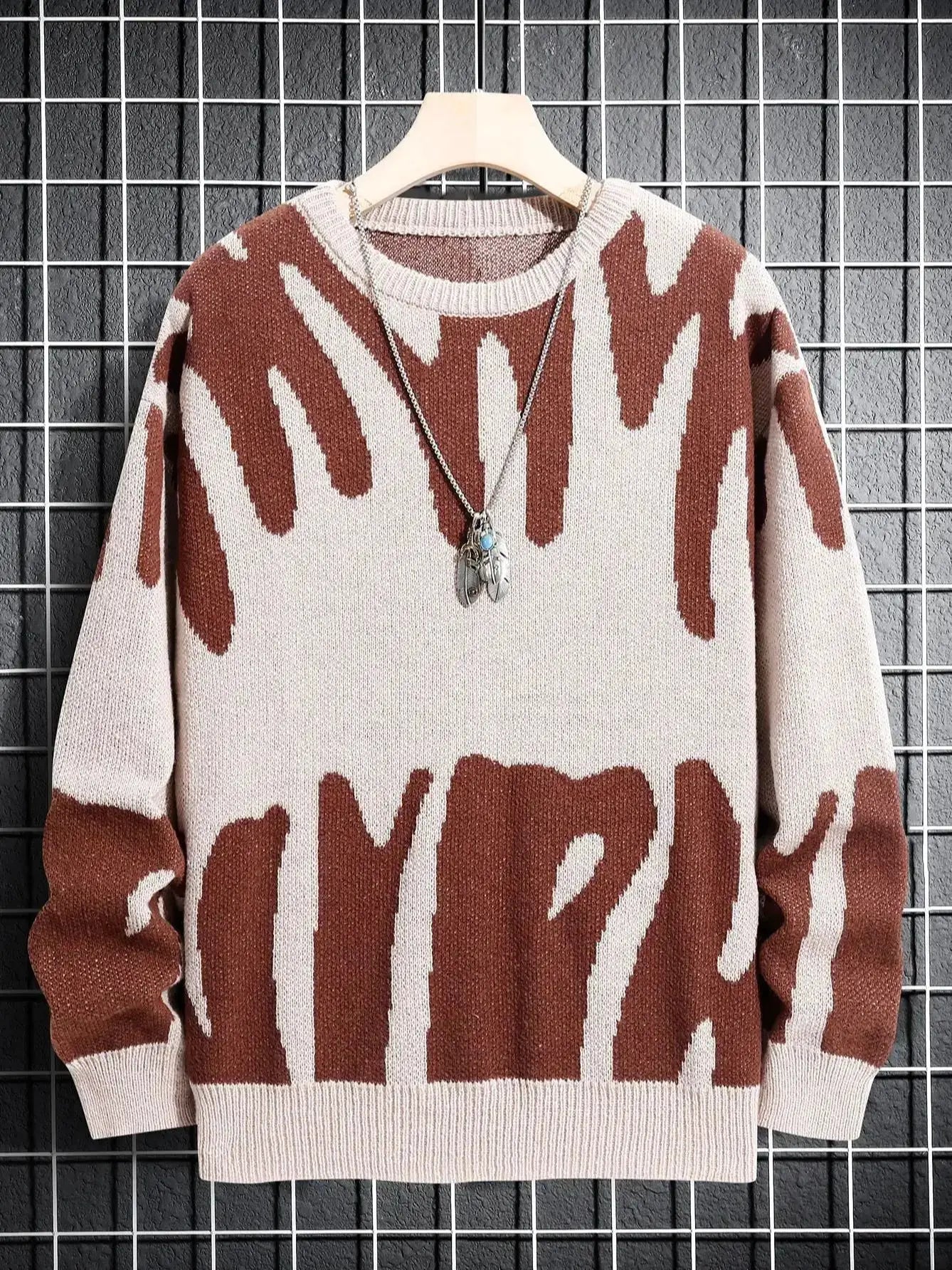 Men's knit pullover sweater with beige base and rust brown irregular jacquard pattern, crew neck