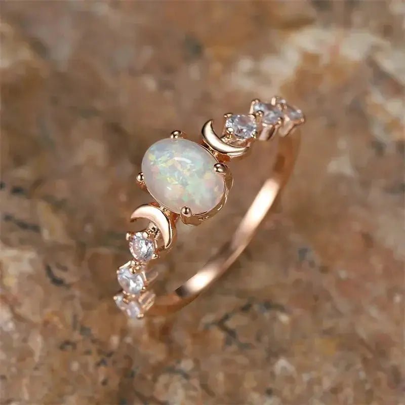 Huitan Blue White Imitation Opal Moon Rings For Women Brass Cubic Zirconia Jewelry Wedding Accessories Anniversary Gift - Simples Market