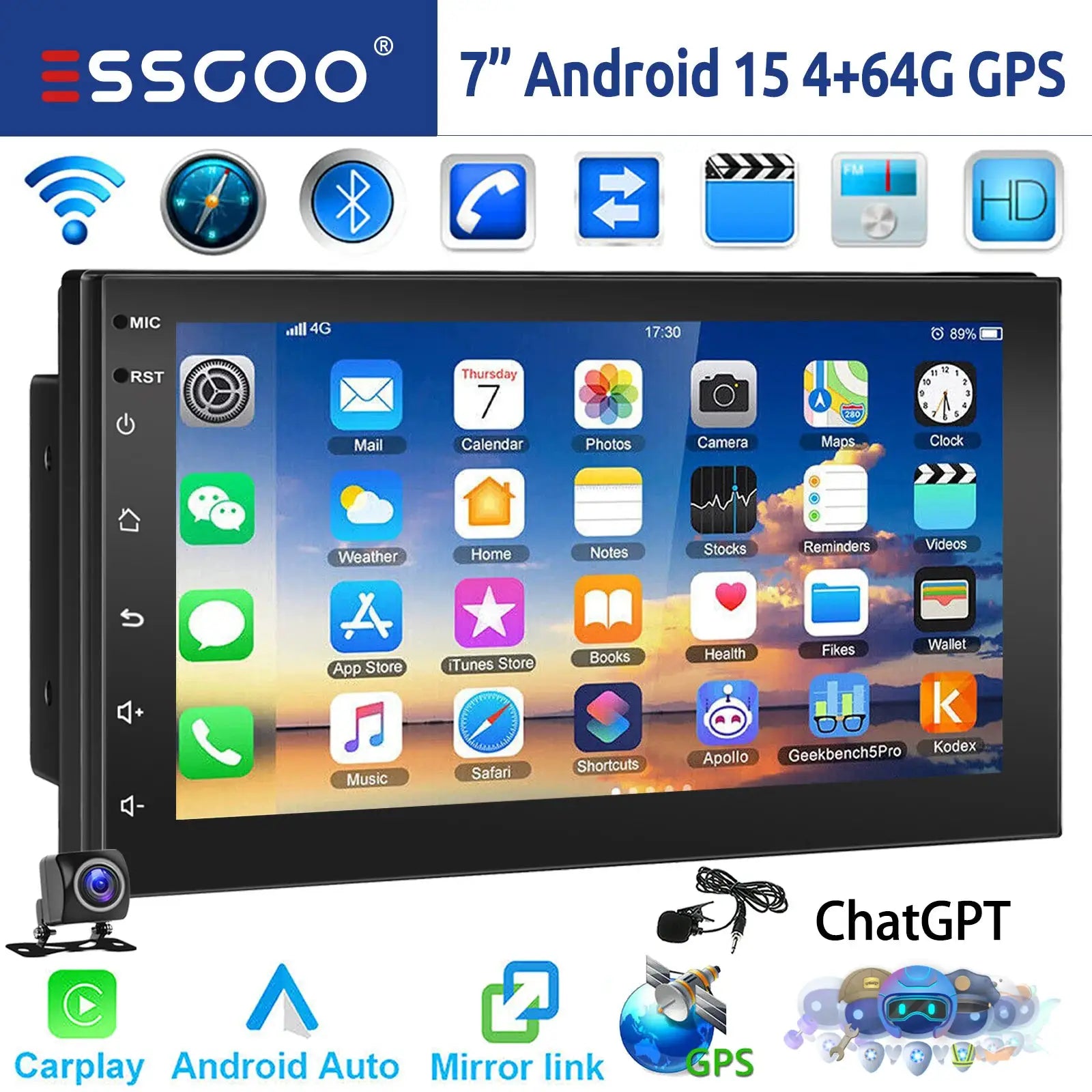 ESSGOO 2-DIN car stereo head unit with 7/9/10-inch touchscreen, Android, CarPlay, Android Auto, Bluetooth, GPS, black
