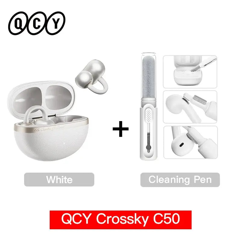 QCY Crossky C50 open-ear wireless earbuds in white with charging case and cleaning pen kit