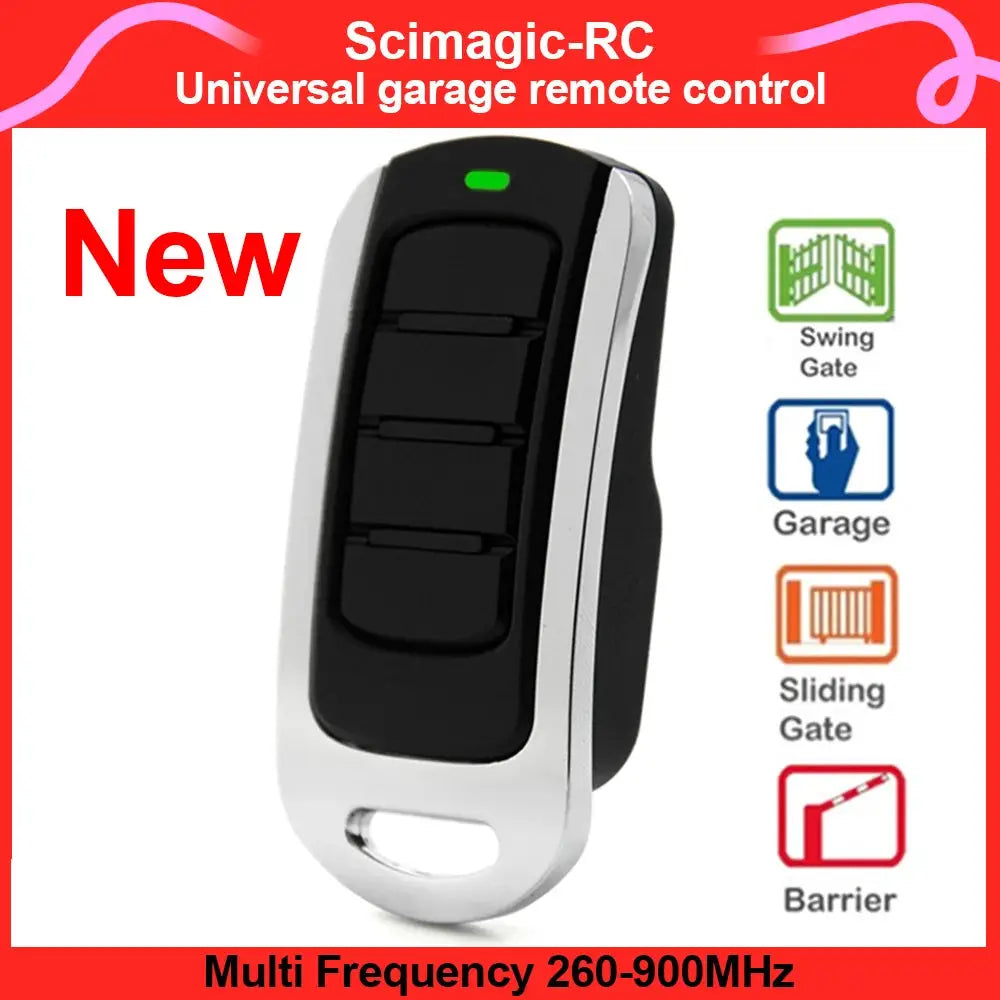 4-in-1 garage remote fob, black with chrome trim, multi-frequency 260-900MHz