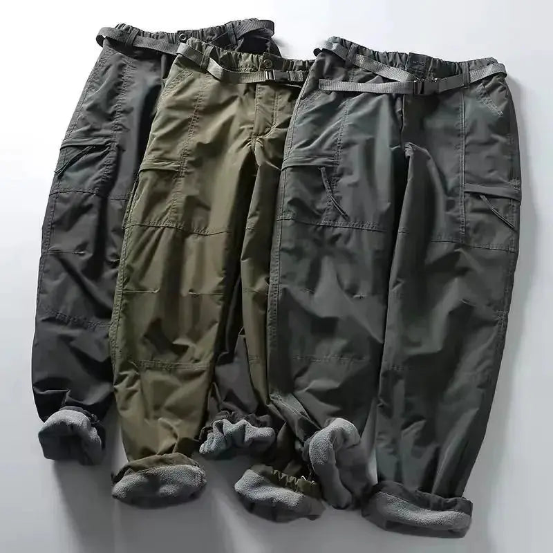 Tooling pants set: three waterproof fleece cargo pants in black, olive, and charcoal with multiple pockets.