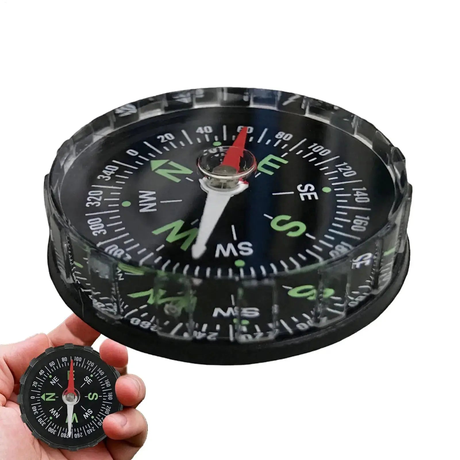 Simples Market waterproof hiking compass; two black-dial compasses with green cardinal marks and red needles.