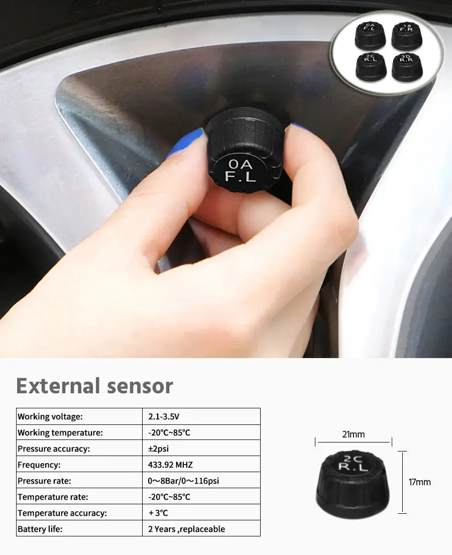Simples Market E-ACE car TPMS external sensor; black knurled cap held near wheel, inset shows four caps