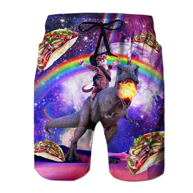 Men's beach shorts by Simples Market with 3D dinosaur print on a space rainbow background.