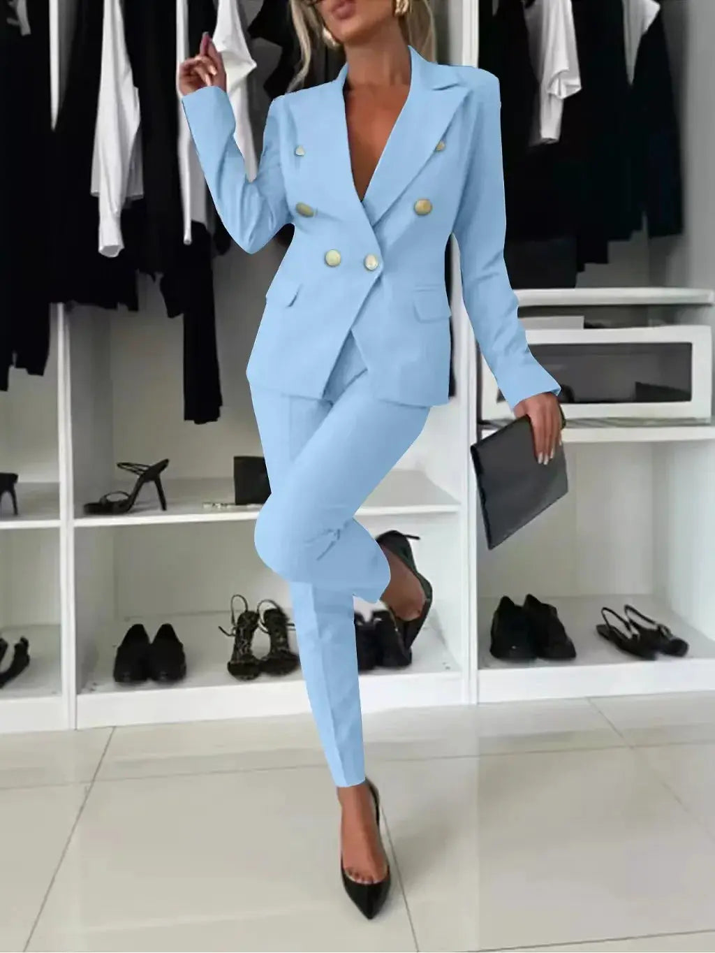 Simples Market women's light-blue double-breasted blazer and trousers two-piece office suit with gold buttons