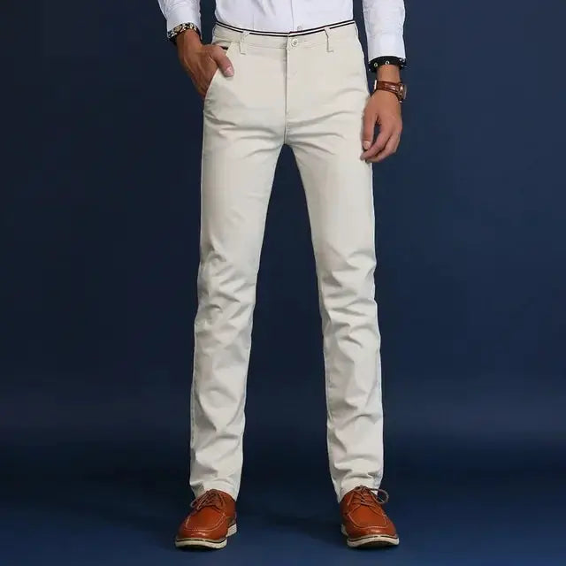 Men's cotton office trousers; Simples Market light beige slim casual pants for spring/summer