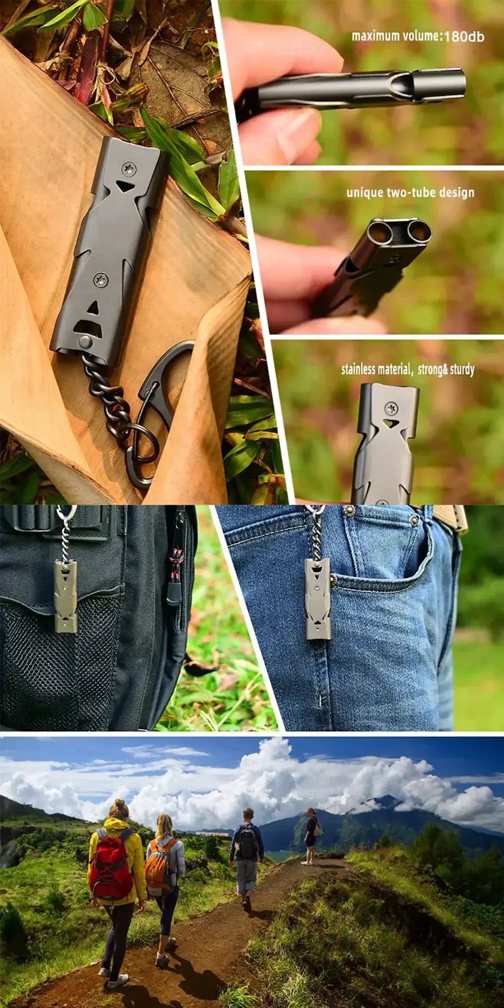 Double-pipe whistle pendant keychain by Simples Market; two-tube design, camping, high-decibel 180dB.