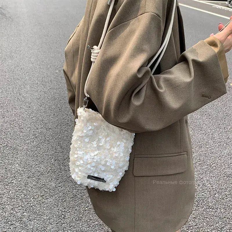 Leftside Mini Sequins Shoulder Bag by Simples Market, white sequins crossbody handbag