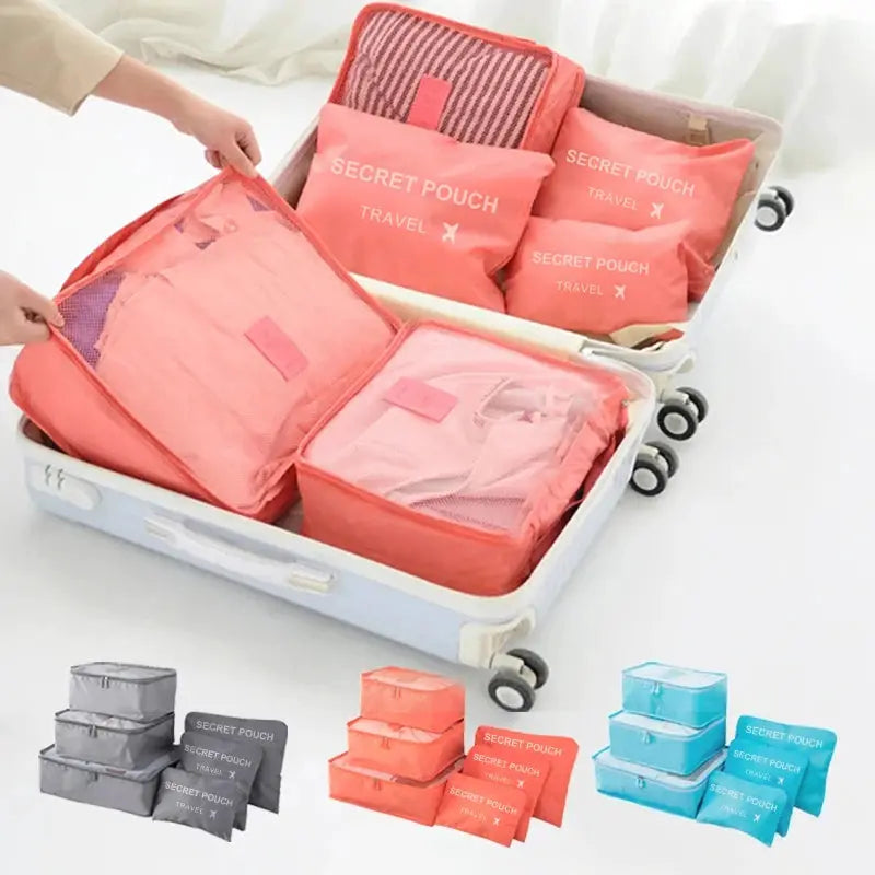 VoyagePro 6 Piece Travel Storage Bag Set Large Capacity Waterproof Luggage Organizers With Zipper Pink Blue Grey