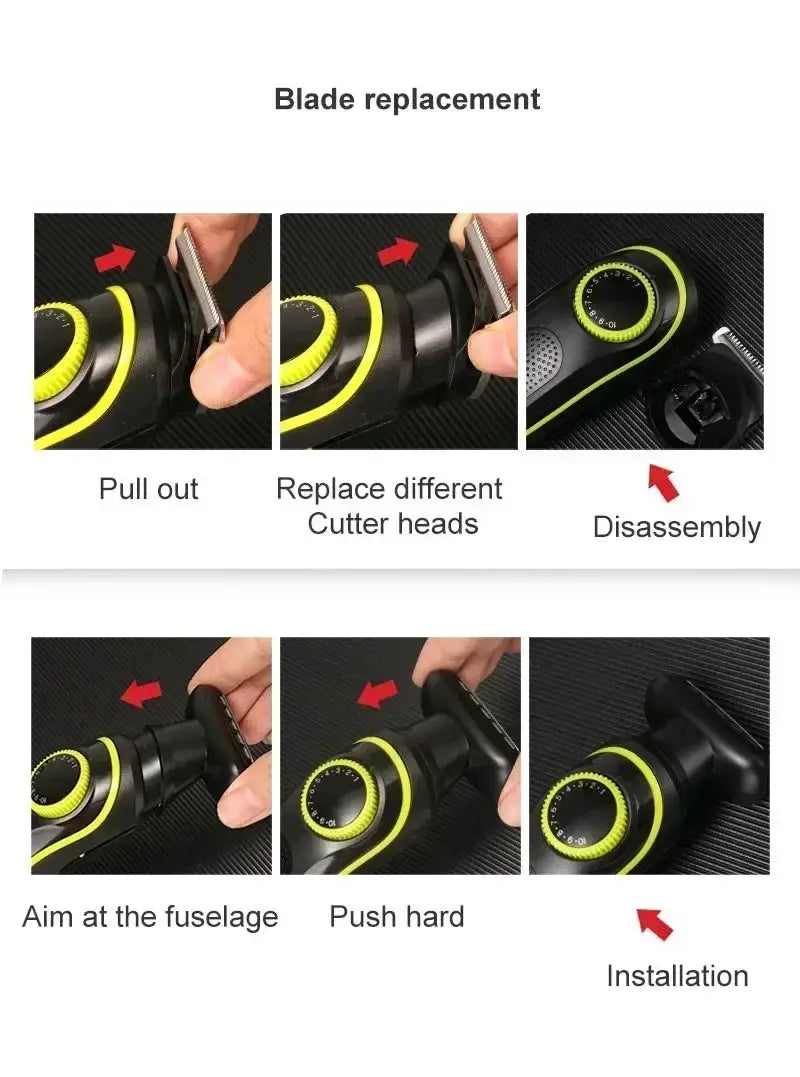 KM-696 hair clipper by Simples Market; black with lime-green accents, blade replacement and interchangeable heads.