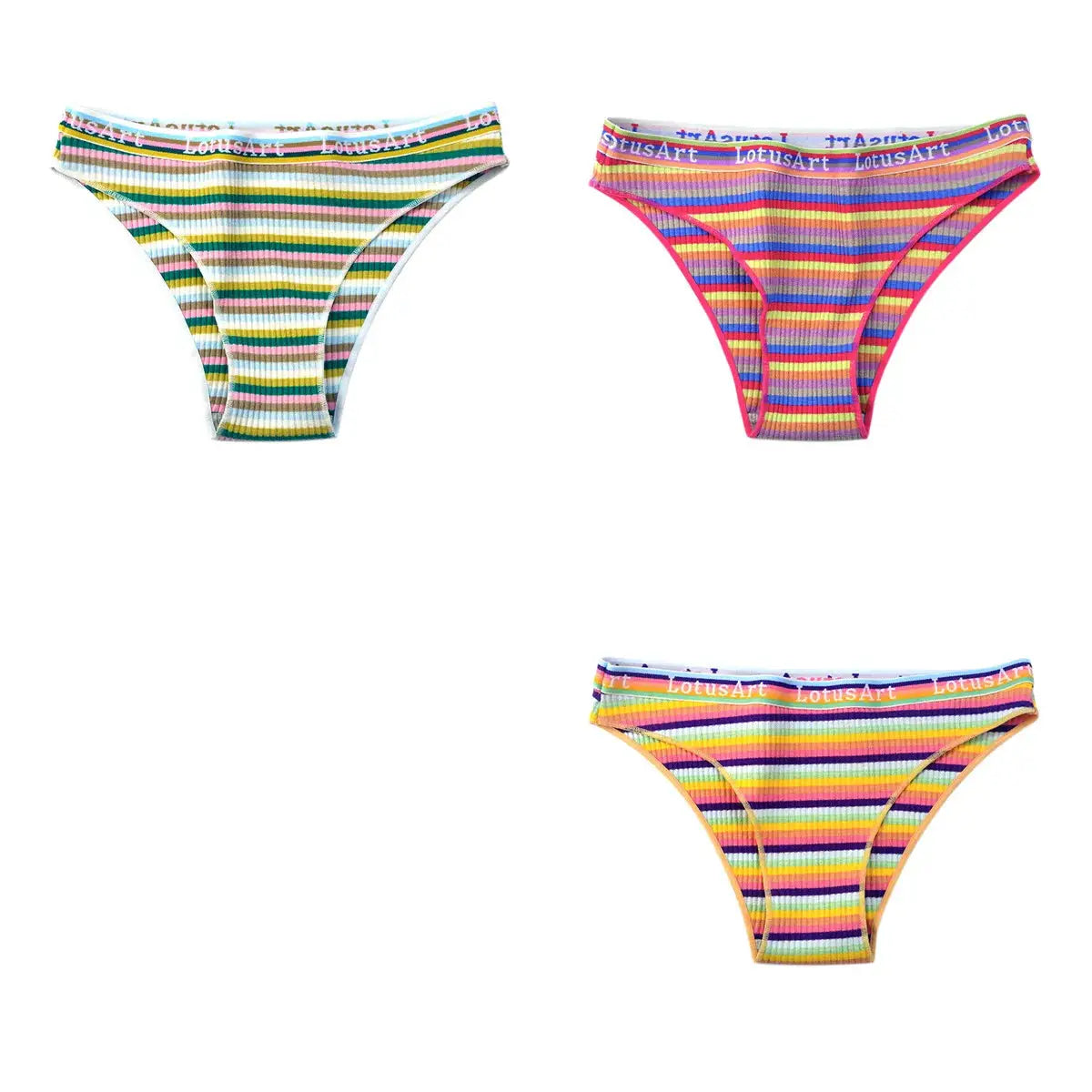 3-pack colorful striped cotton panties for women with LotusArt waistband; low-rise, breathable briefs in M-XXL