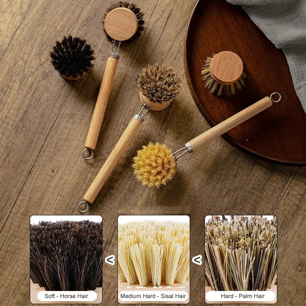 Simples Market replaceable dish brush with wooden handle; includes 3 heads: soft horsehair, medium sisal, hard palm.