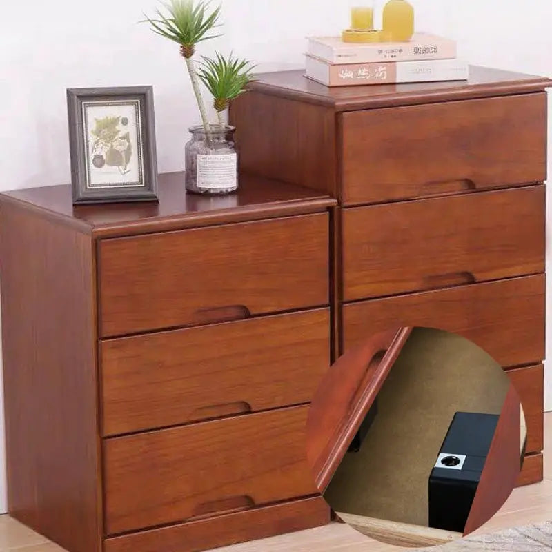 Smart RFID door lock for wooden drawers; hidden installation shown on brown wooden chests