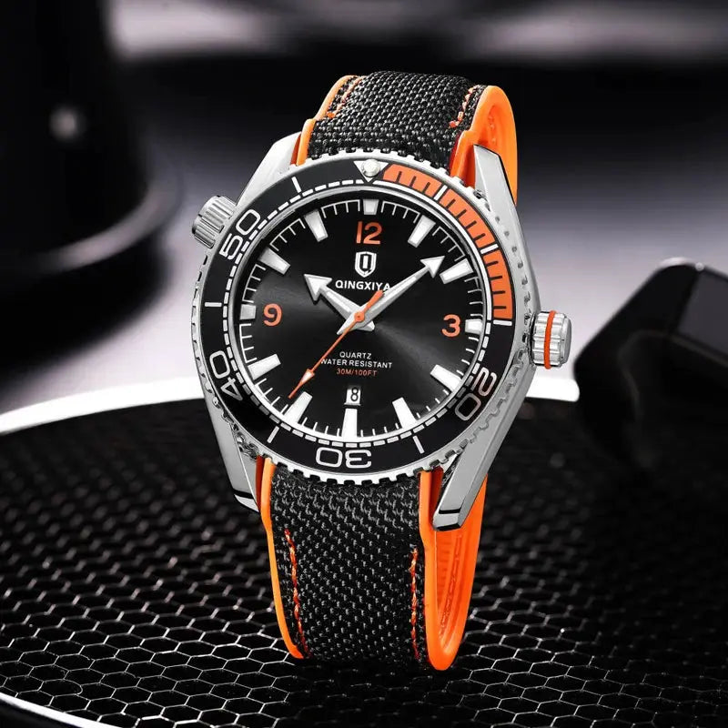 Qingxiya Men Quartz Sport Watch With Silicone Strap Luminous Dial Calendar Waterproof