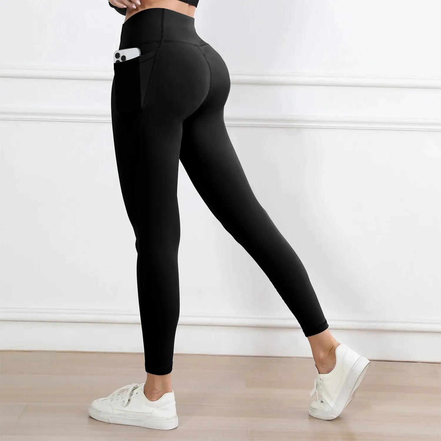 Simples Market women's black high-waisted leggings with side pocket for phone, butt-lifting workout tights