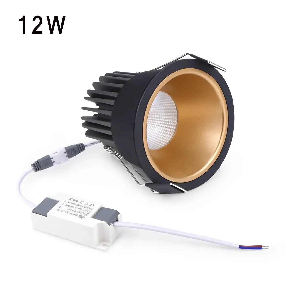 Recessed aluminum COB LED spotlight, 12W, black housing with gold interior, includes driver
